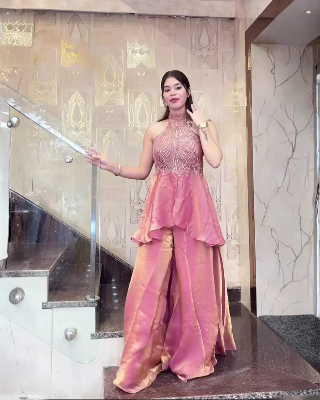 Designer Fandy Silk Full Neck Top with Sharara Palazzo – Heavy Hand Work Party Wear Set