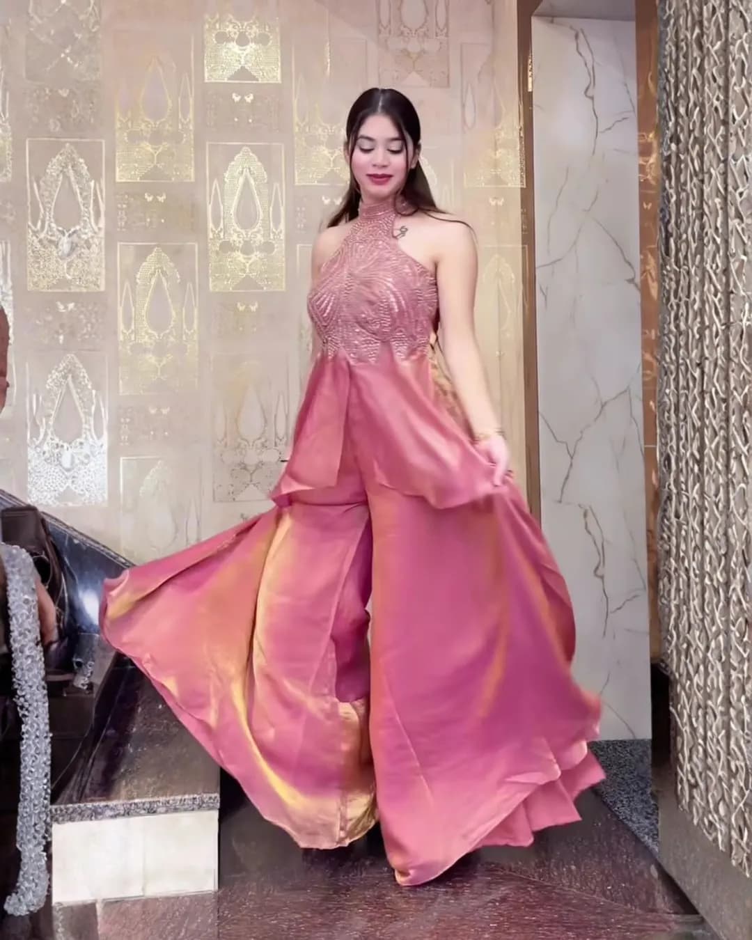 Designer Fandy Silk Full Neck Top with Sharara Palazzo – Heavy Hand Work Party Wear Set alternate view