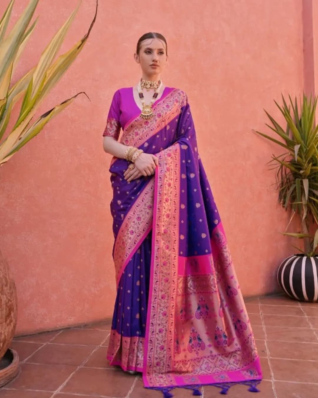 Paithani Nisha Soft Banarasi Silk Saree with Contrast Zari Border & Woven Butti