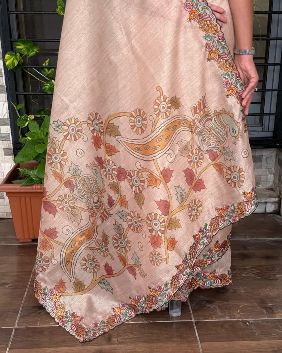 Royal Peacock Kalamkari Designer Blackberry Silk Saree with Thread & Sequins Work alternate view