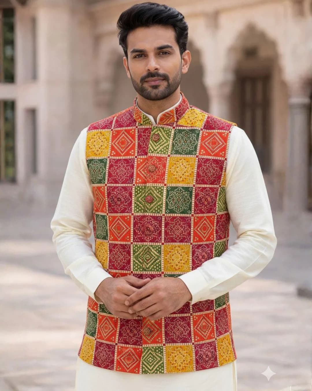 Men’s Silk Kurta Pyjama with Bandhani Printed Silk Koti – Traditional Party Wear Set