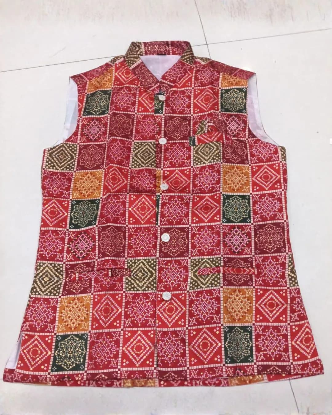 Men’s Silk Kurta Pyjama with Bandhani Printed Silk Koti – Traditional Party Wear Set alternate view