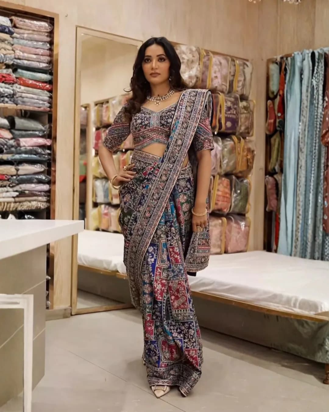 Crepe Silk Digital Print Saree with Real Mirror Work & Latkan Border