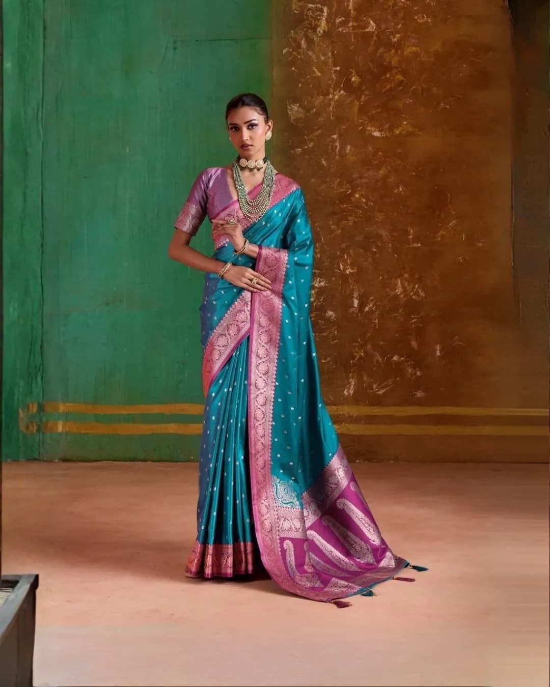 Rohaani Pure Satin Handloom Silk Saree with Contrast Blouse & Pallu alternate view