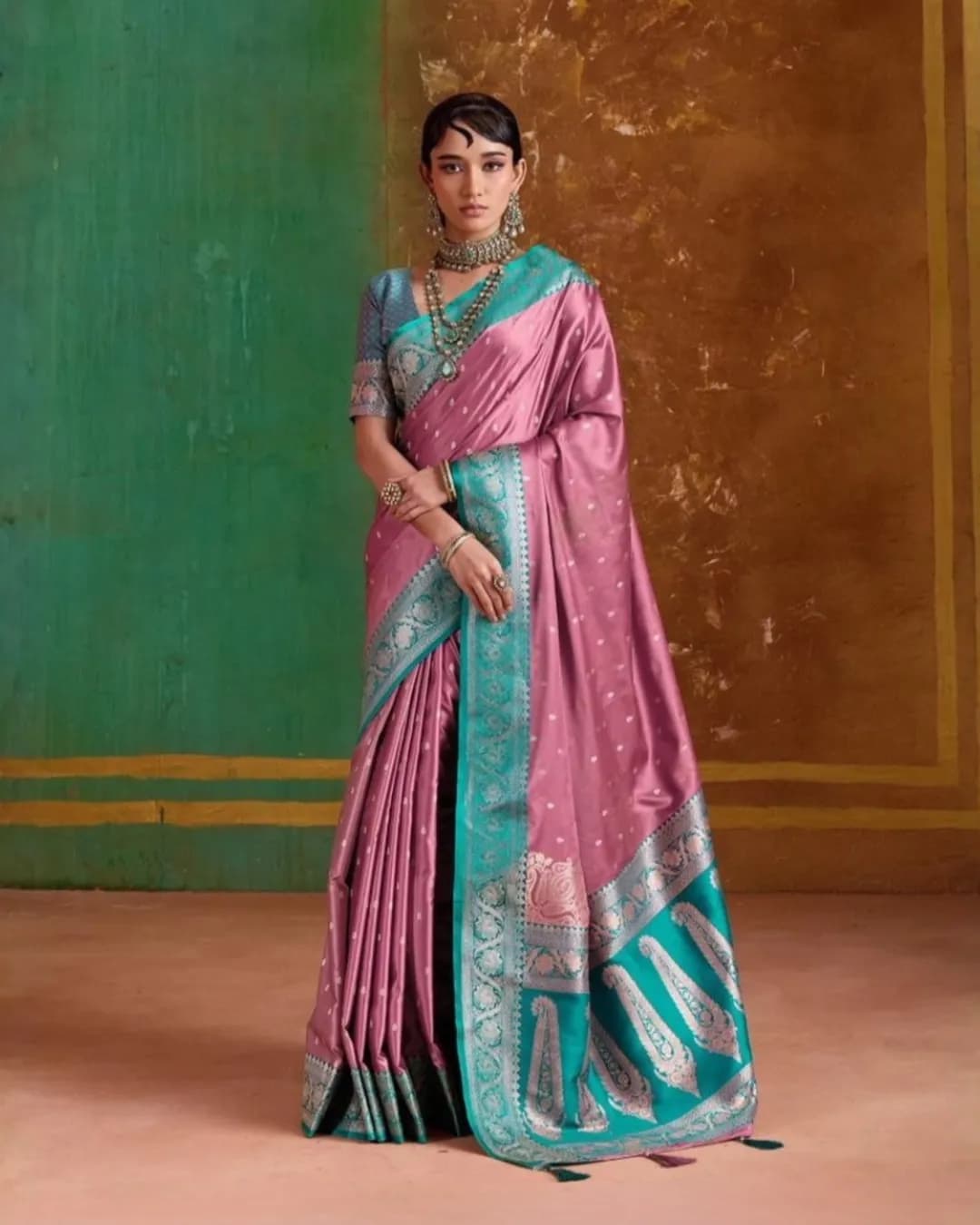 Rohaani Pure Satin Handloom Silk Saree with Contrast Blouse & Pallu