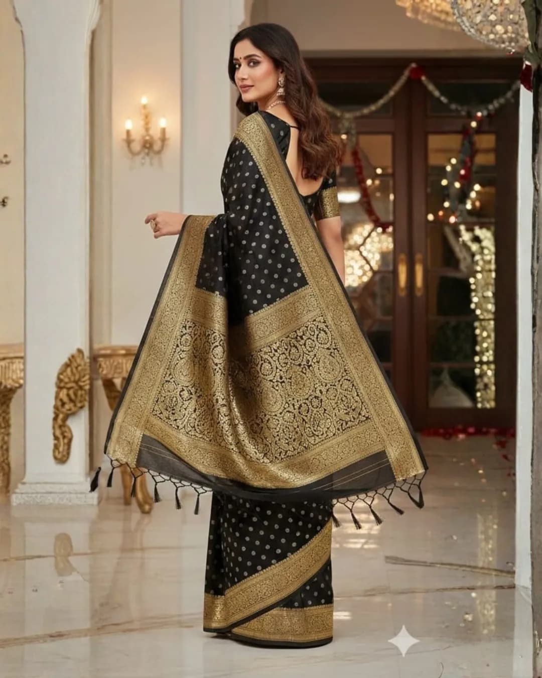 Pure Banarasi Silk Saree with Floral Mina Design & Rich Zari Weaving Pallu alternate view