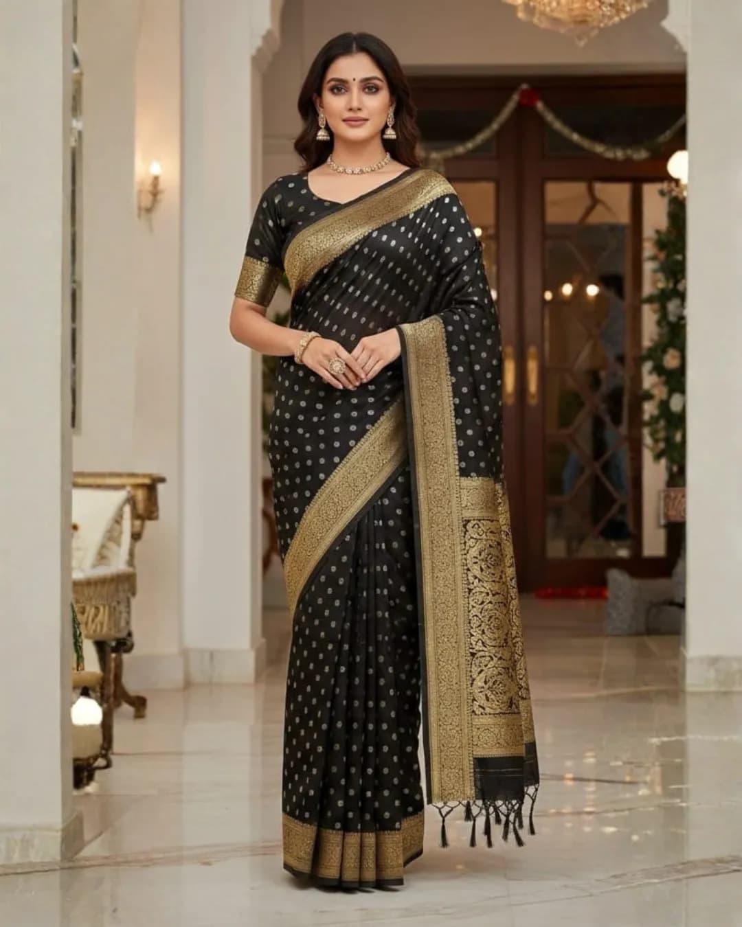 Pure Banarasi Silk Saree with Floral Mina Design & Rich Zari Weaving Pallu