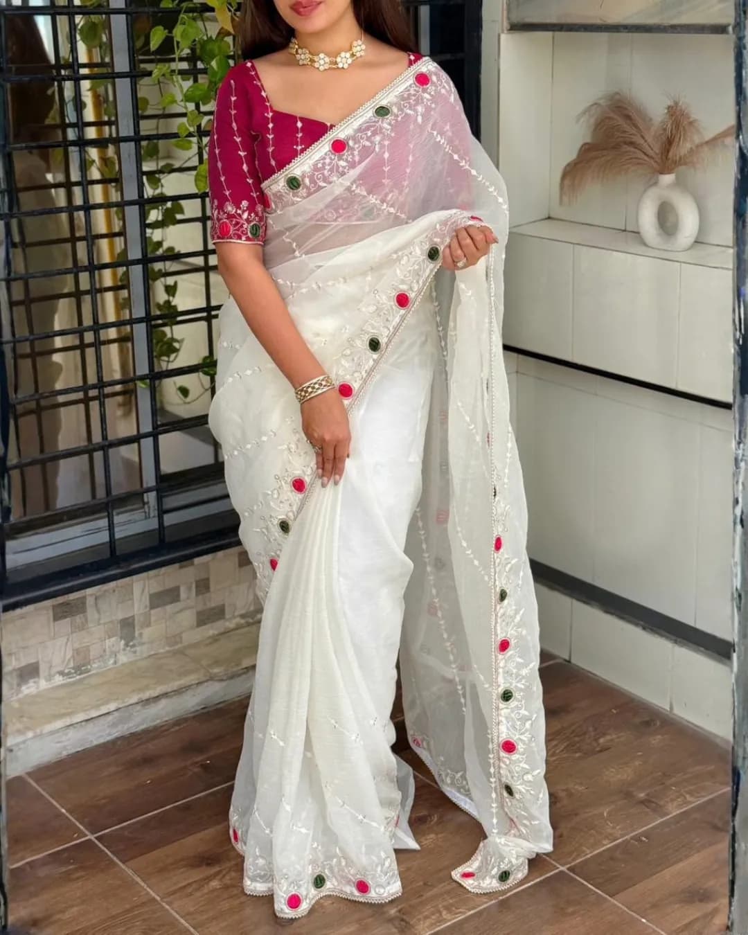 Rakhi Designer Super Sonic Crush Saree with Velvet Cut Work & Pearl Lace