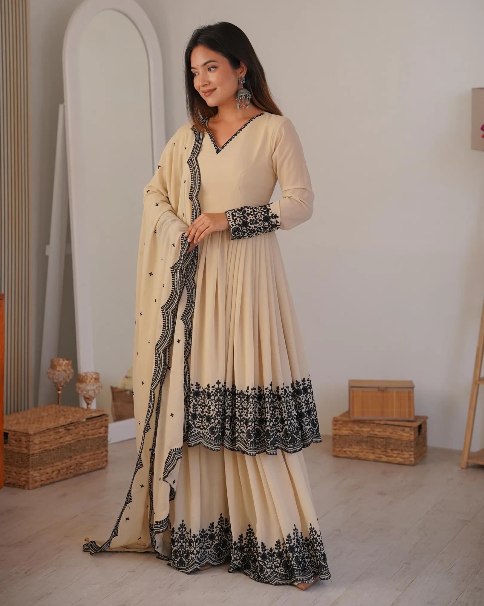 Premium Faux Georgette Embroidered Suit Set with Palazzo & Dupatta – Ready to Wear