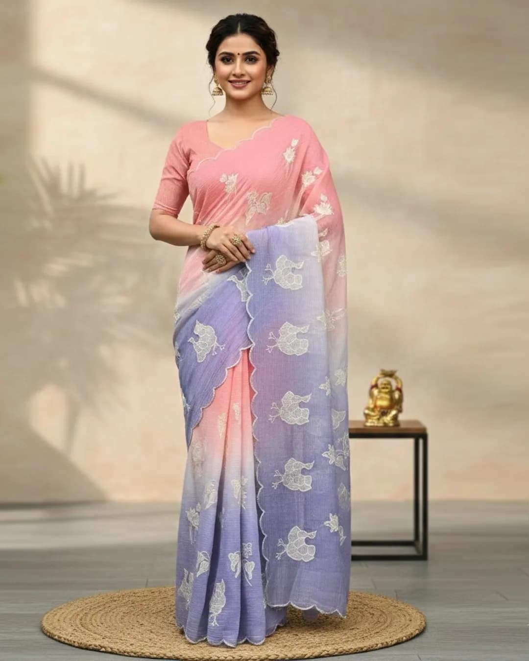 Dual Shade Crunchy Silk Saree with Embroidery Work – Designer Party Wear Saree