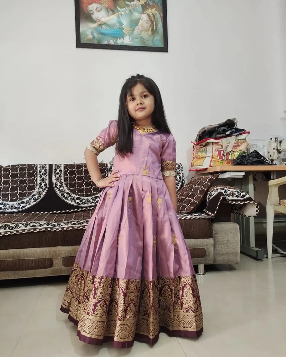 Kids Silk Embroidered Gown with Full Flair – Zari Work Party Wear Dress alternate view