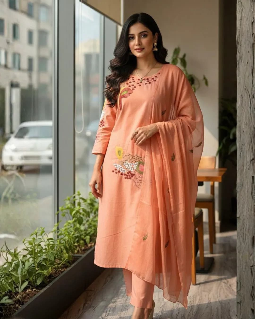 Cotton 60×60 Embroidered Kurta Pant Dupatta Set – Straight Fit Ethnic Wear