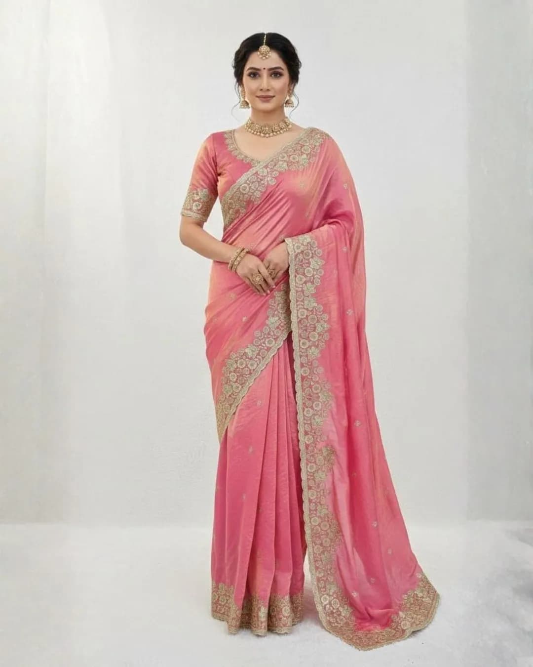 Premium Fandy Satin Saree with Sequins & Thread Work – Arco Cutwork Border