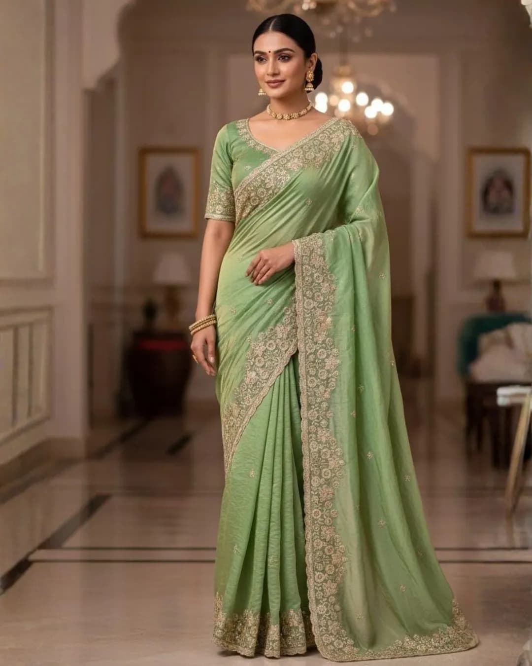 Premium Fandy Satin Saree with Sequins & Thread Work – Arco Cutwork Border alternate view