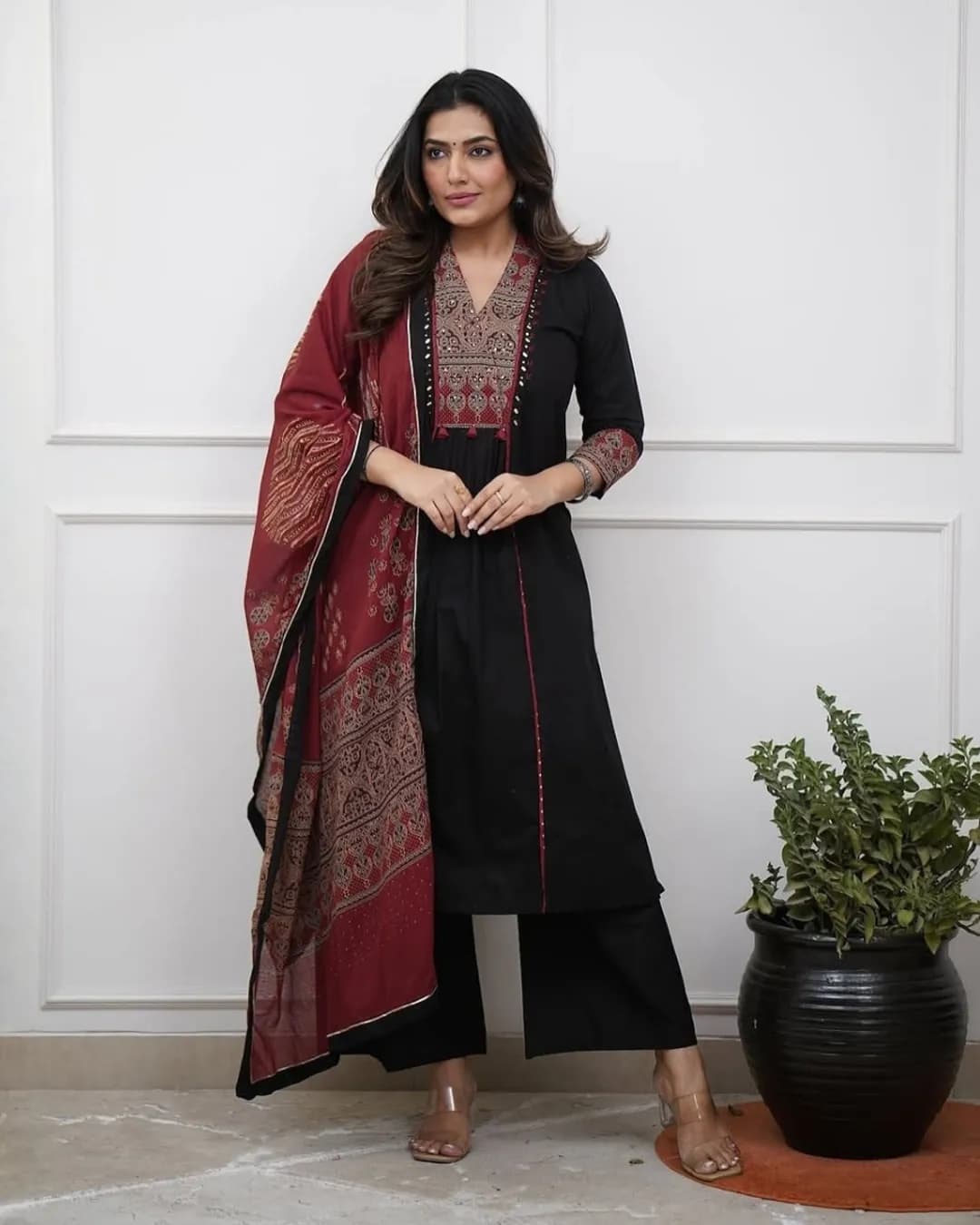 A-Line Cotton Kurti with Hand Mirror & Ktha Work – Straight Palazzo Set with Dupatta