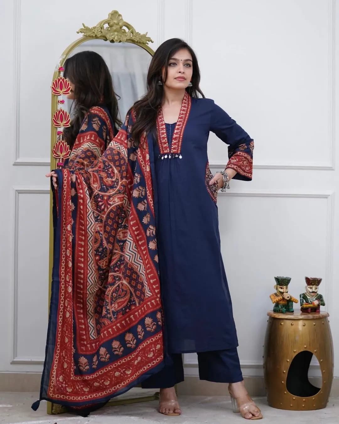 Premium Cotton 60×60 Kurti Pant Dupatta Set with Handwork Neck & Pockets