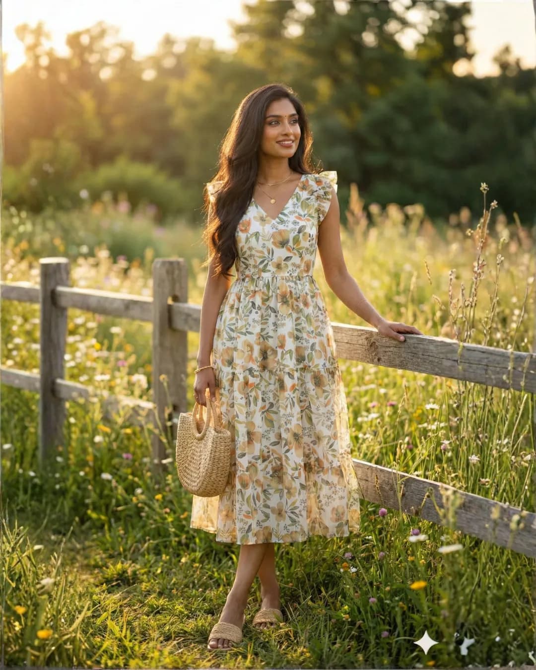 Emily White Floral Alfino Chiffon Gown with Ruffled Sleeves – Elegant Flowy Dress