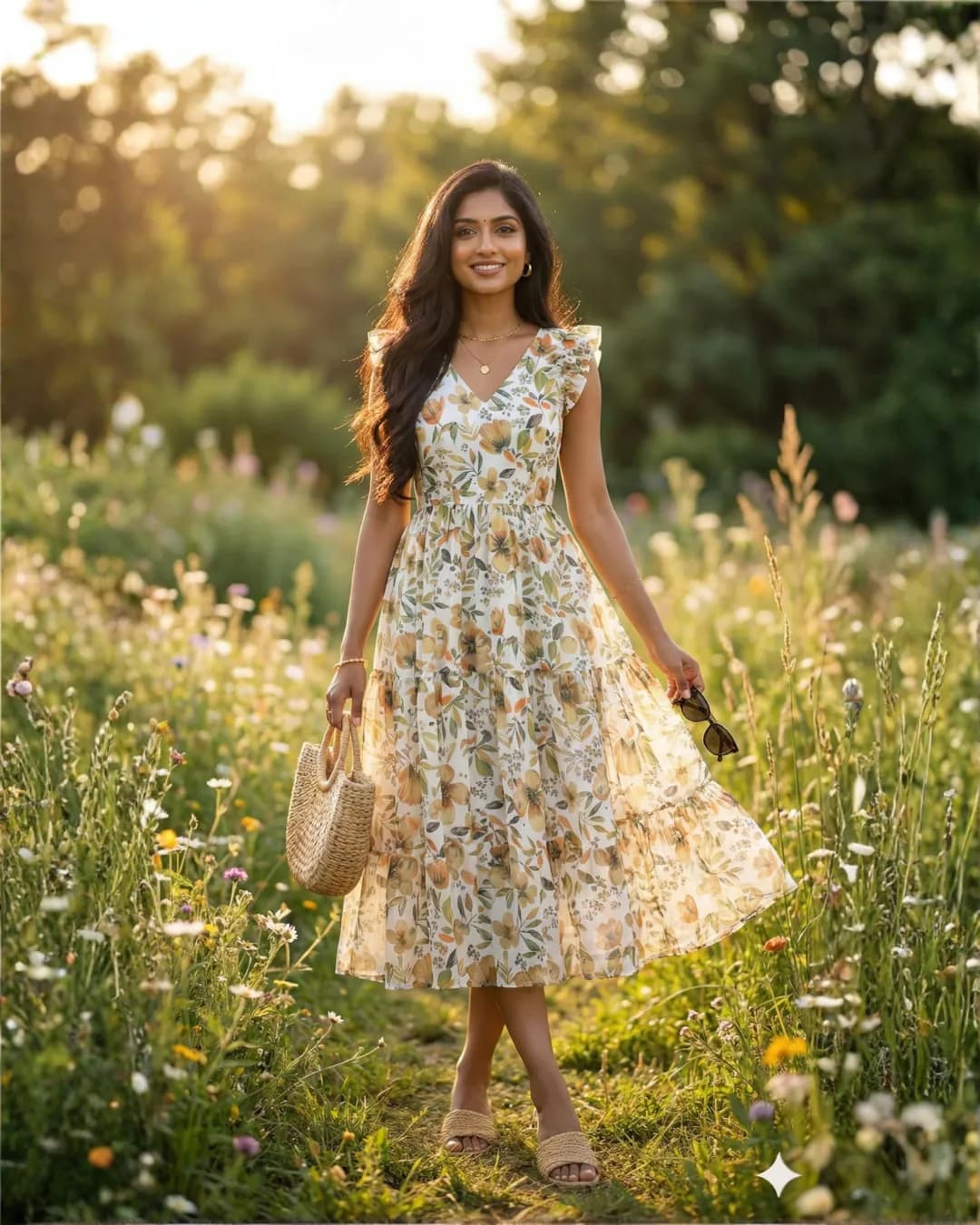 Emily White Floral Alfino Chiffon Gown with Ruffled Sleeves – Elegant Flowy Dress alternate view