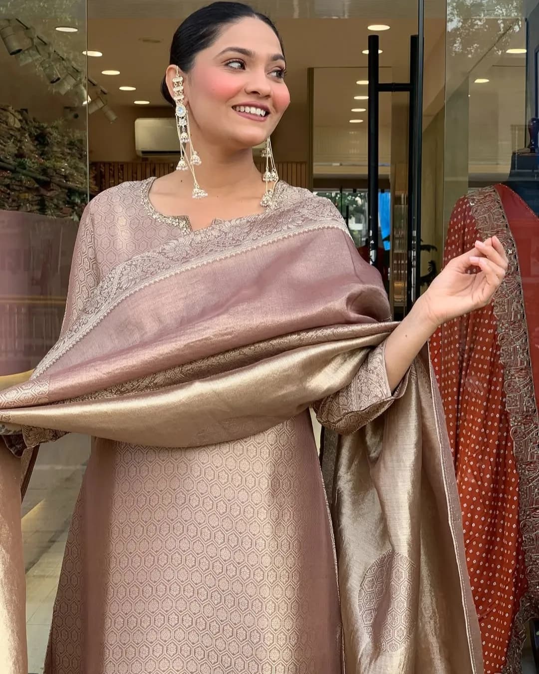 Pure Banarasi Suit Set with Handwork Neck & Jacquard Dupatta – 4 Piece Set alternate view