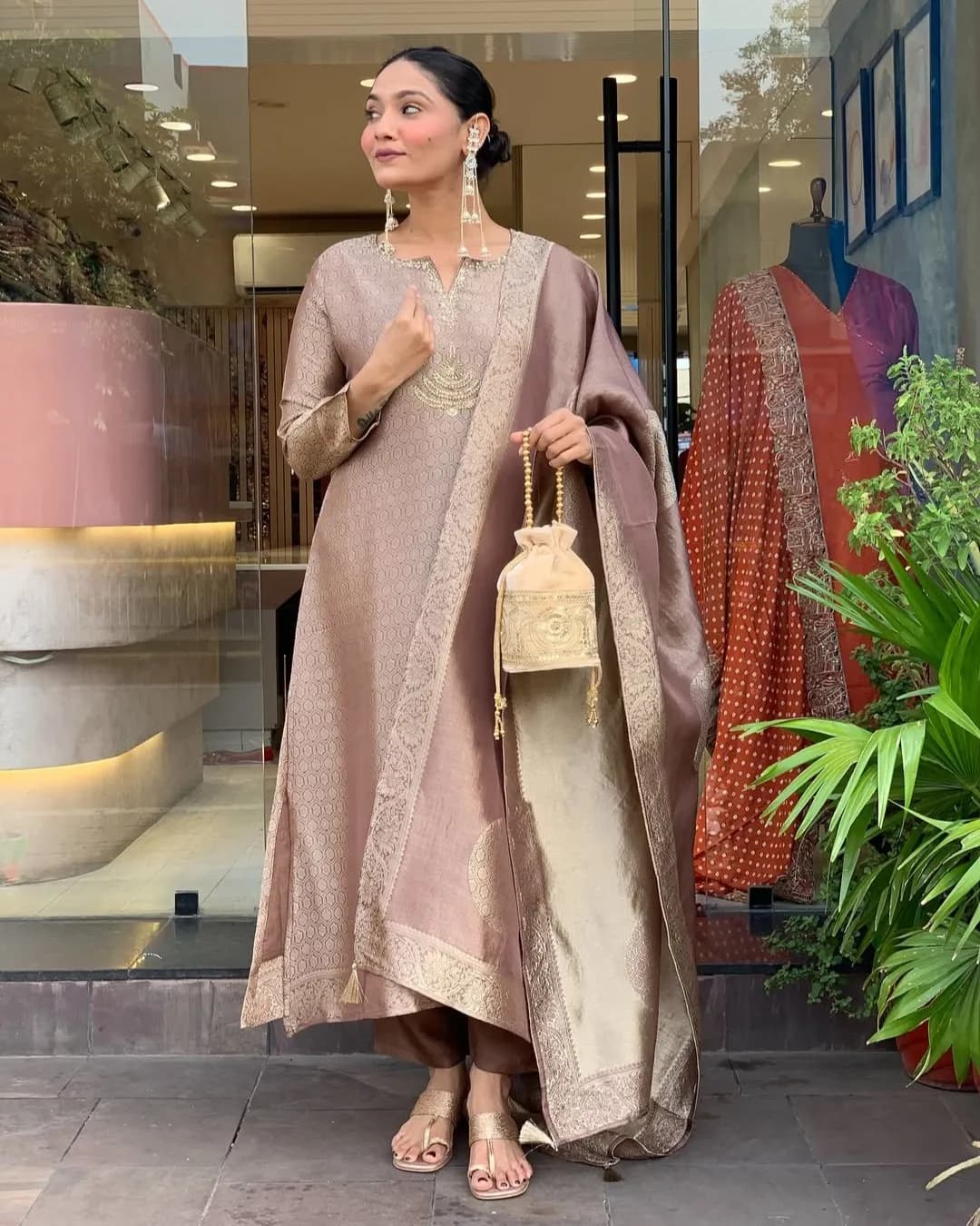 Pure Banarasi Suit Set with Handwork Neck & Jacquard Dupatta – 4 Piece Set