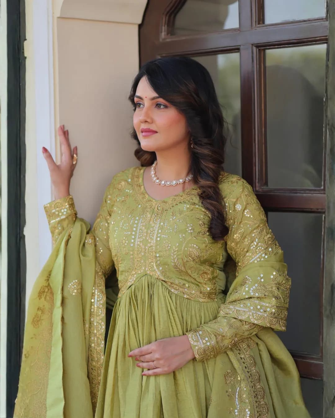 Gold Crush Fabric Gown with Sequins Embroidery & Dupatta – Designer Flared Party Wear alternate view