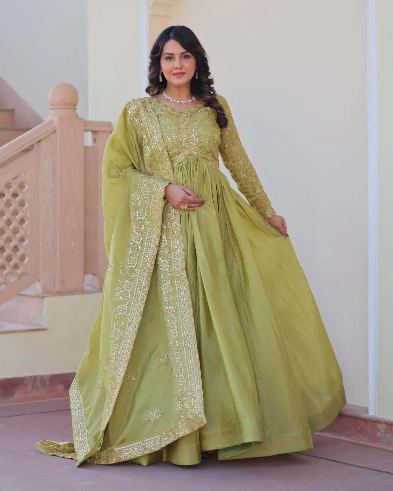 Gold Crush Fabric Gown with Sequins Embroidery & Dupatta – Designer Flared Party Wear