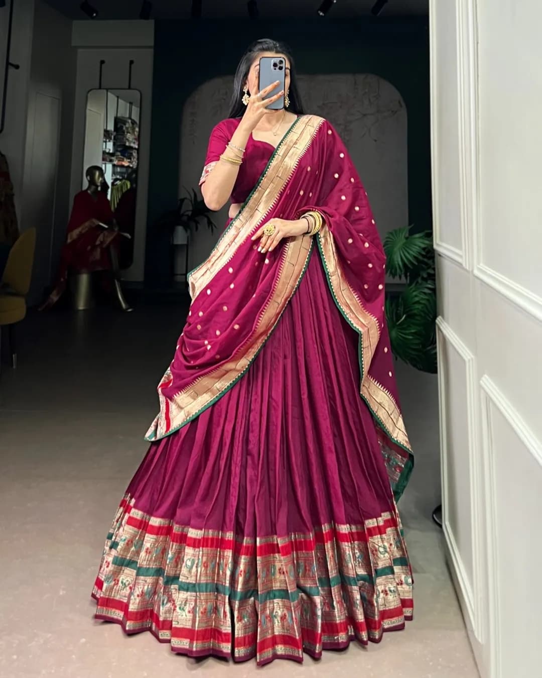 Paithani Chanderi Lehenga Set with Zari Weaving & Gotta Patti Work