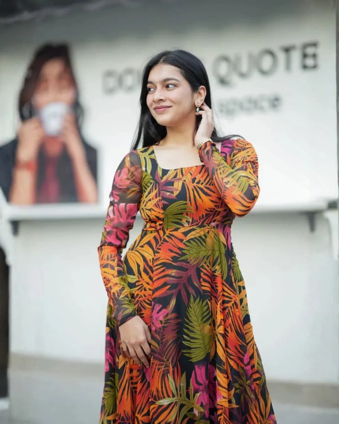 Tropical Print Alfino Chiffon Anarkali Maxi Dress with Flare – Elegant Fusion Wear alternate view