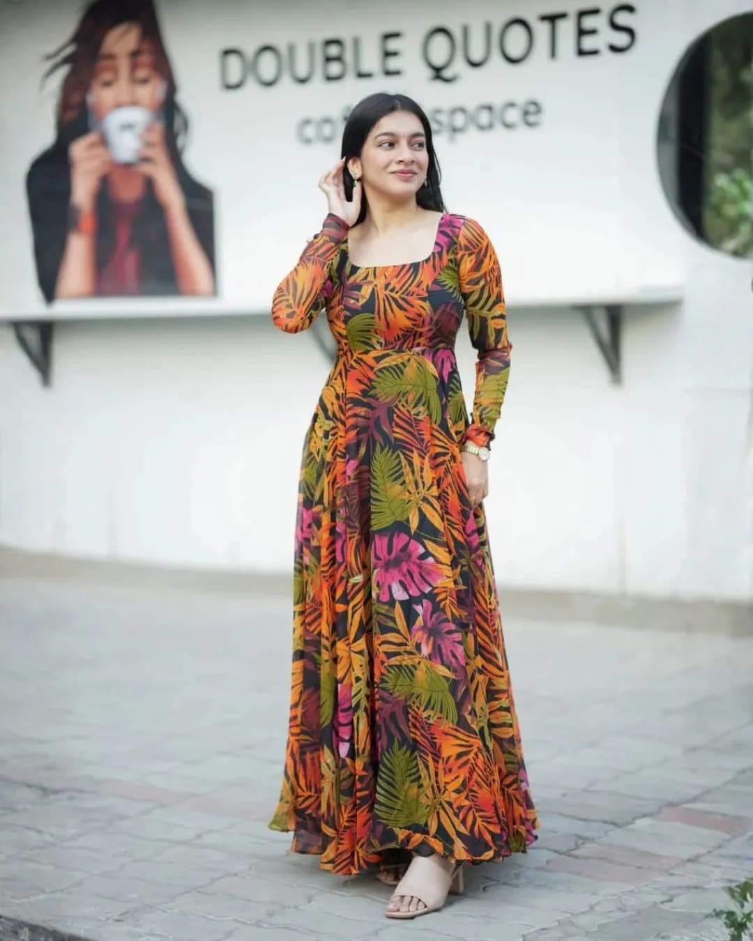 Tropical Print Alfino Chiffon Anarkali Maxi Dress with Flare – Elegant Fusion Wear