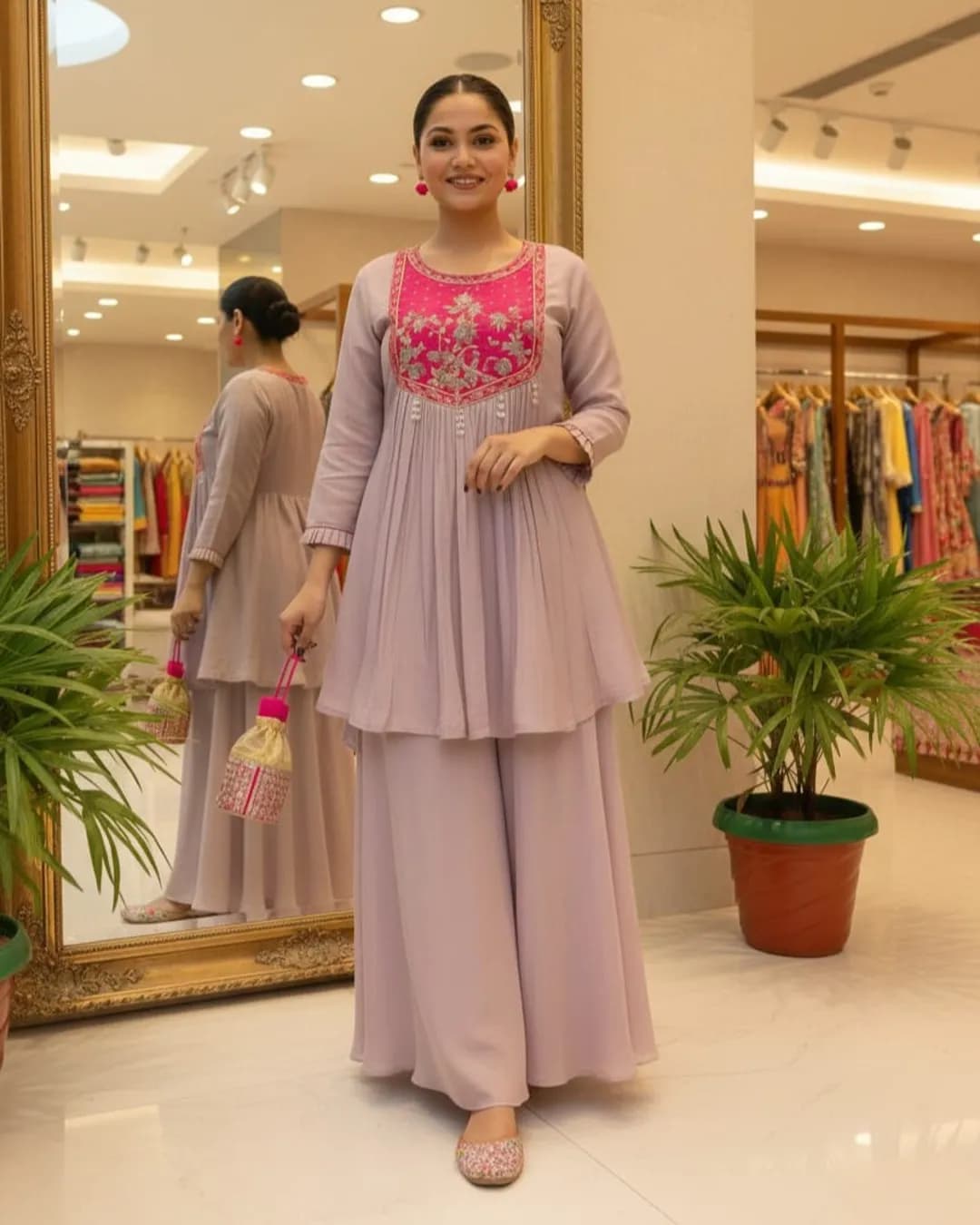 Lavender Sharara Kurta Set with Embroidered Yoke & Pearl Tassels – Premium Ethnic Wear