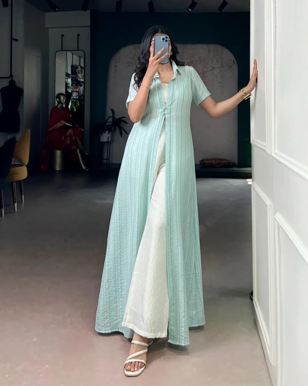 Indo-Fusion Co-rd Set with Orchid Blouse, Pant & Striped Overlay Shrug alternate view