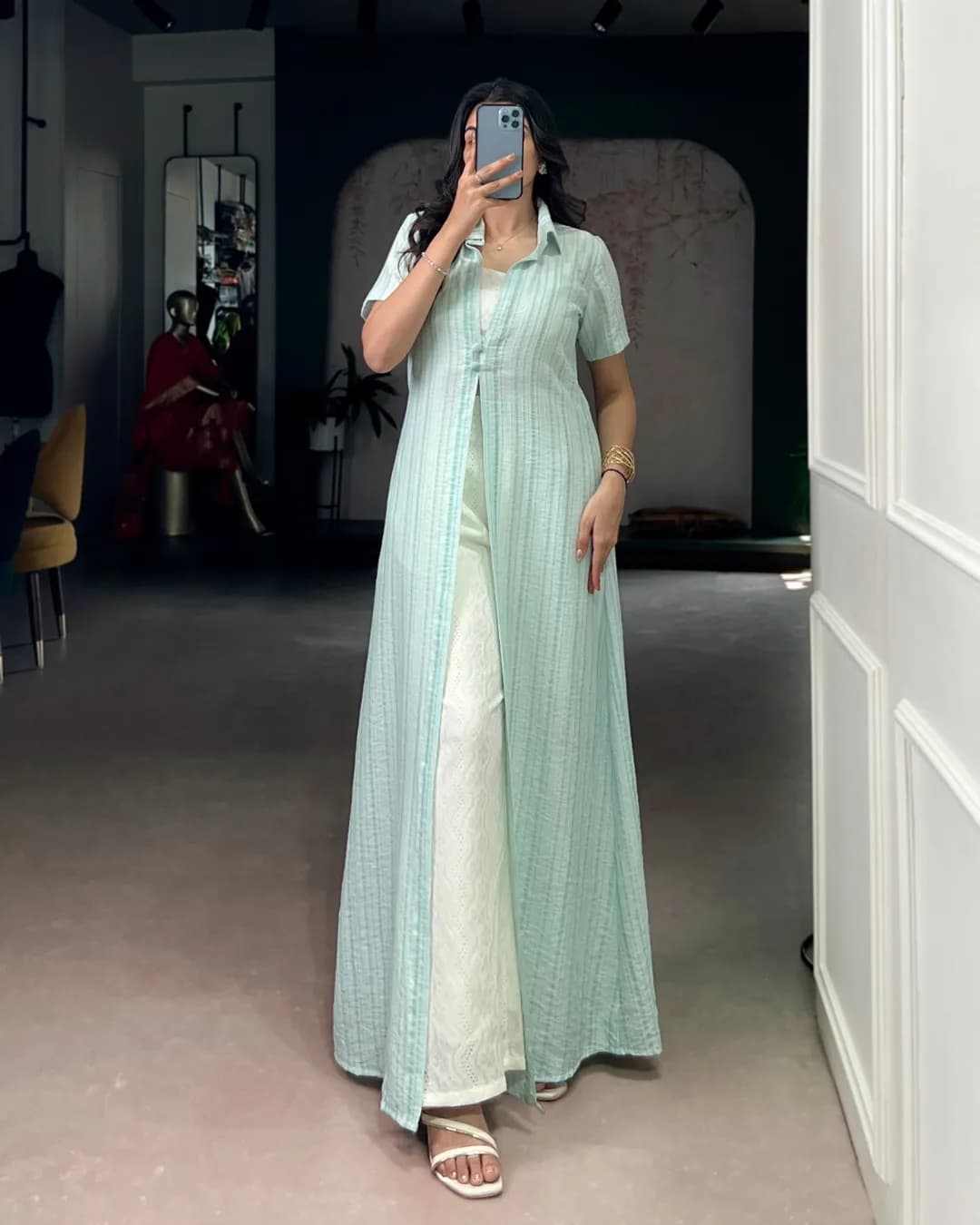 Indo-Fusion Co-rd Set with Orchid Blouse, Pant & Striped Overlay Shrug