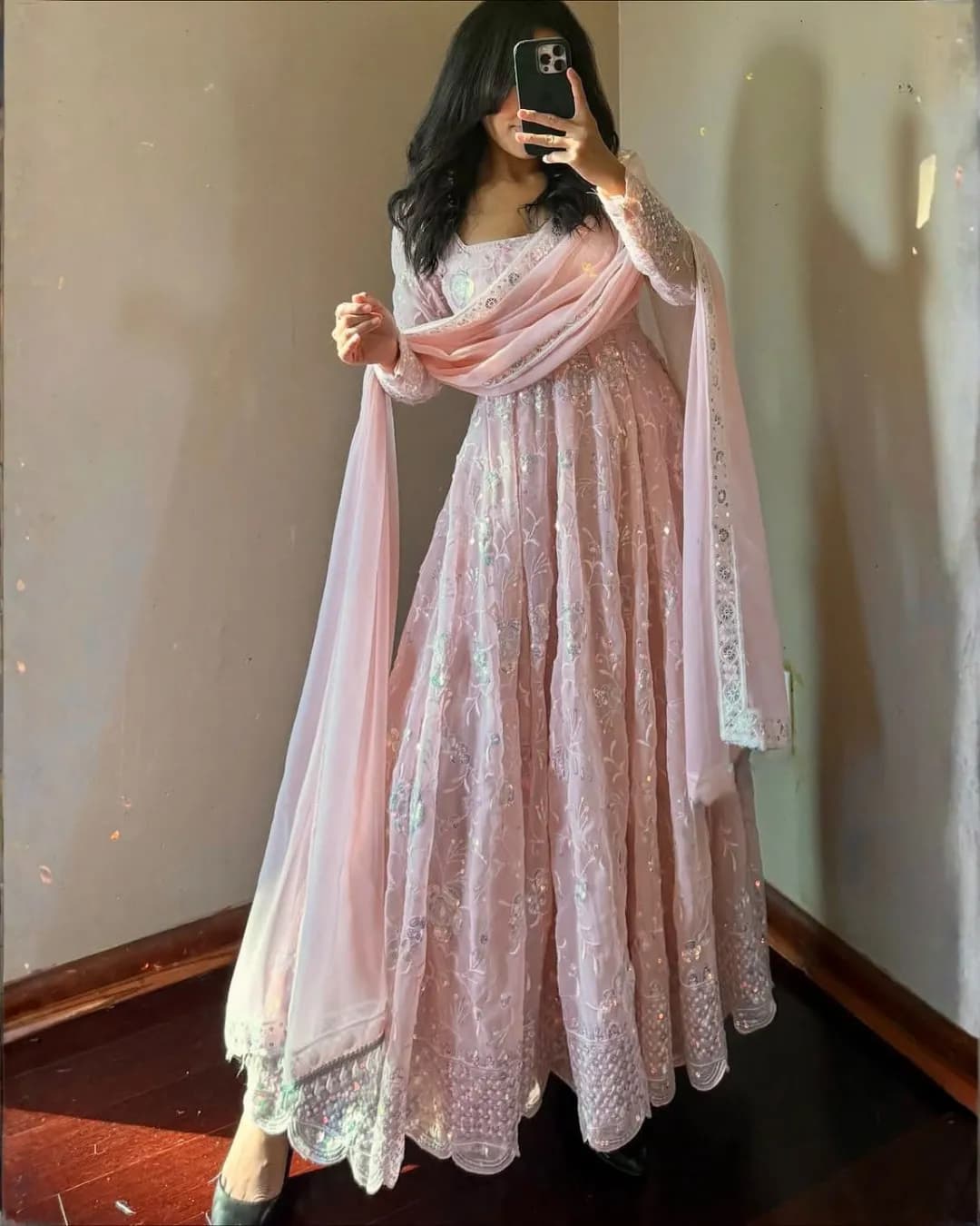 Designer Party Wear Fox Georgette Gown Set with Rainbow Sequins & Dupatta alternate view