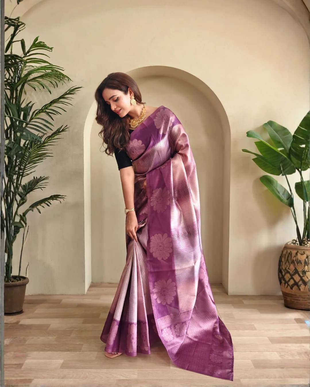 Premium Silk Weaving Saree with Digital Print & Silver Zari Motifs