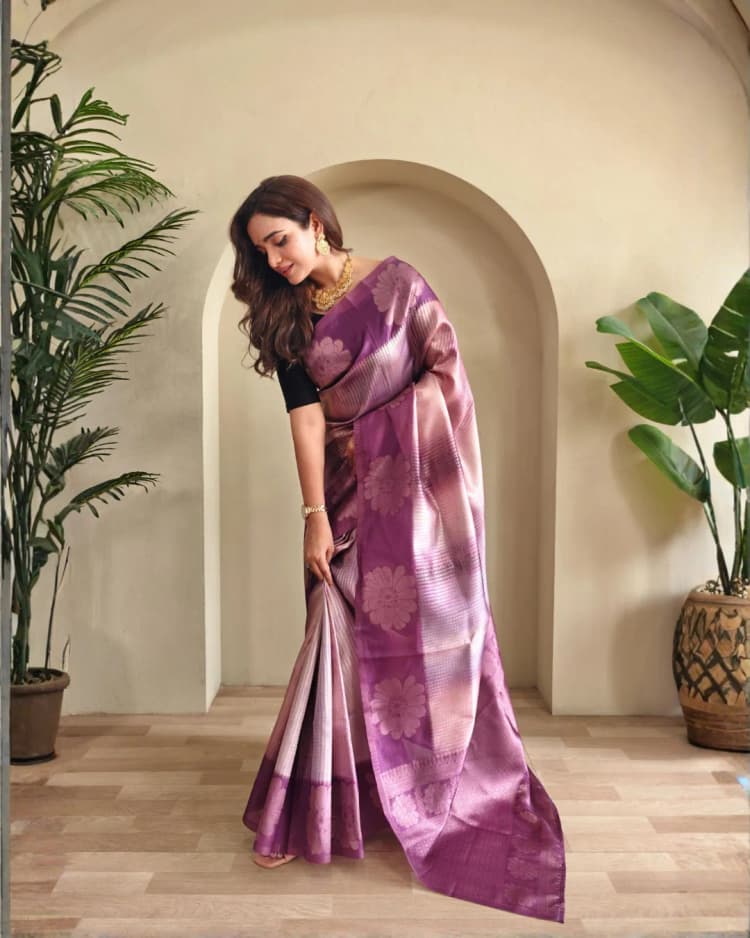 Premium Silk Weaving Saree with Digital Print &amp; Silver Zari Motifs