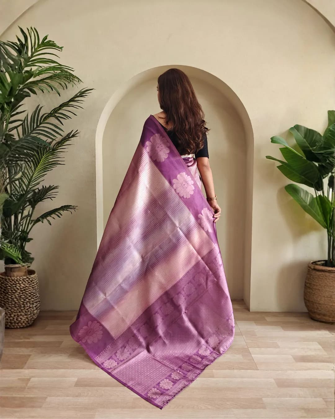 Premium Silk Weaving Saree with Digital Print & Silver Zari Motifs alternate view