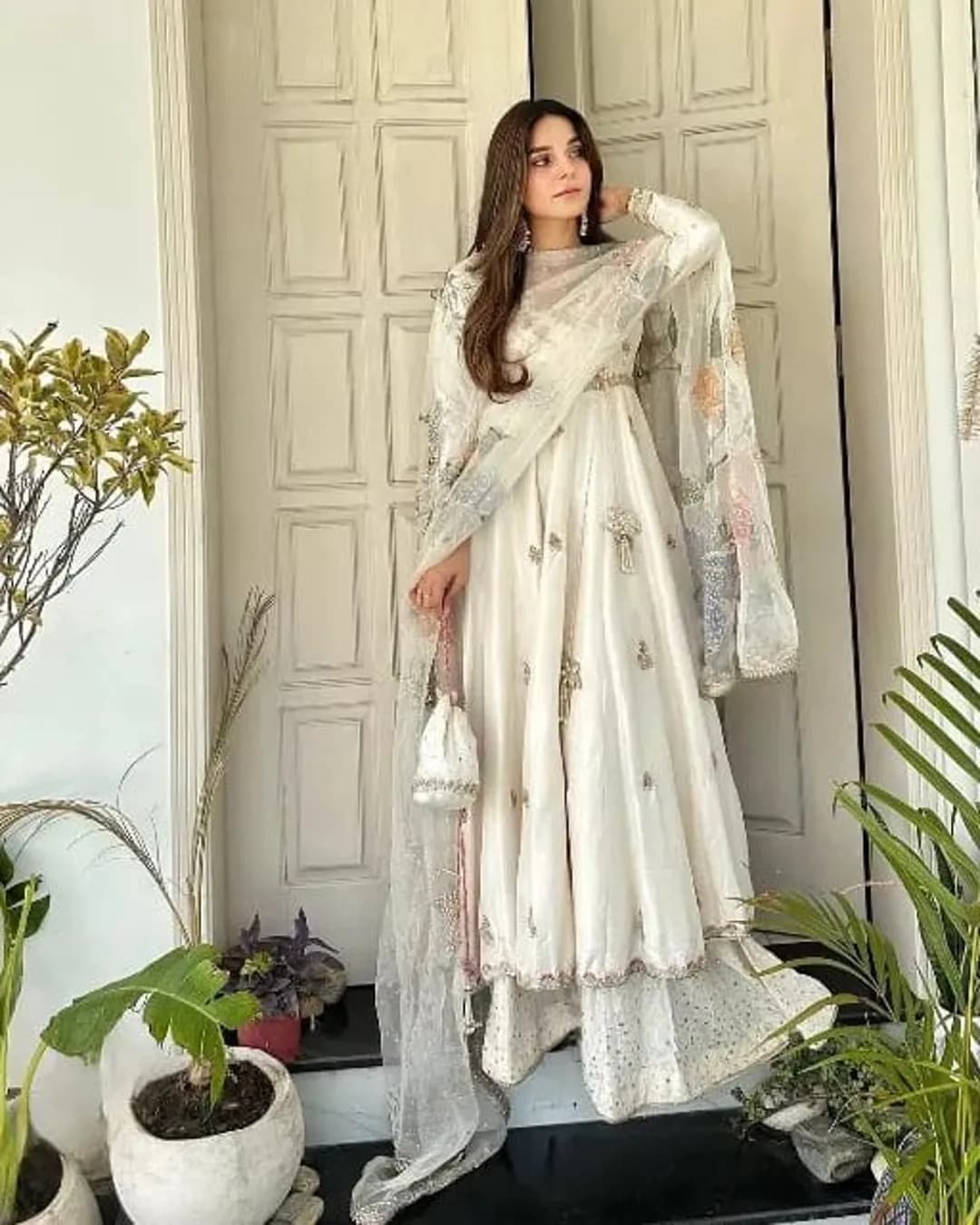 Designer Chinon Gown Palazzo Set with Sequins Embroidery & Organza Dupatta