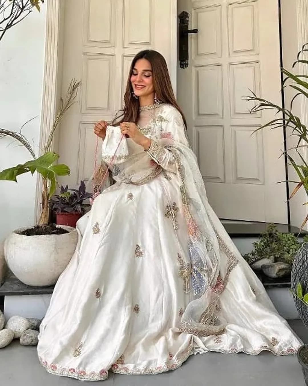 Designer Chinon Gown Palazzo Set with Sequins Embroidery & Organza Dupatta alternate view