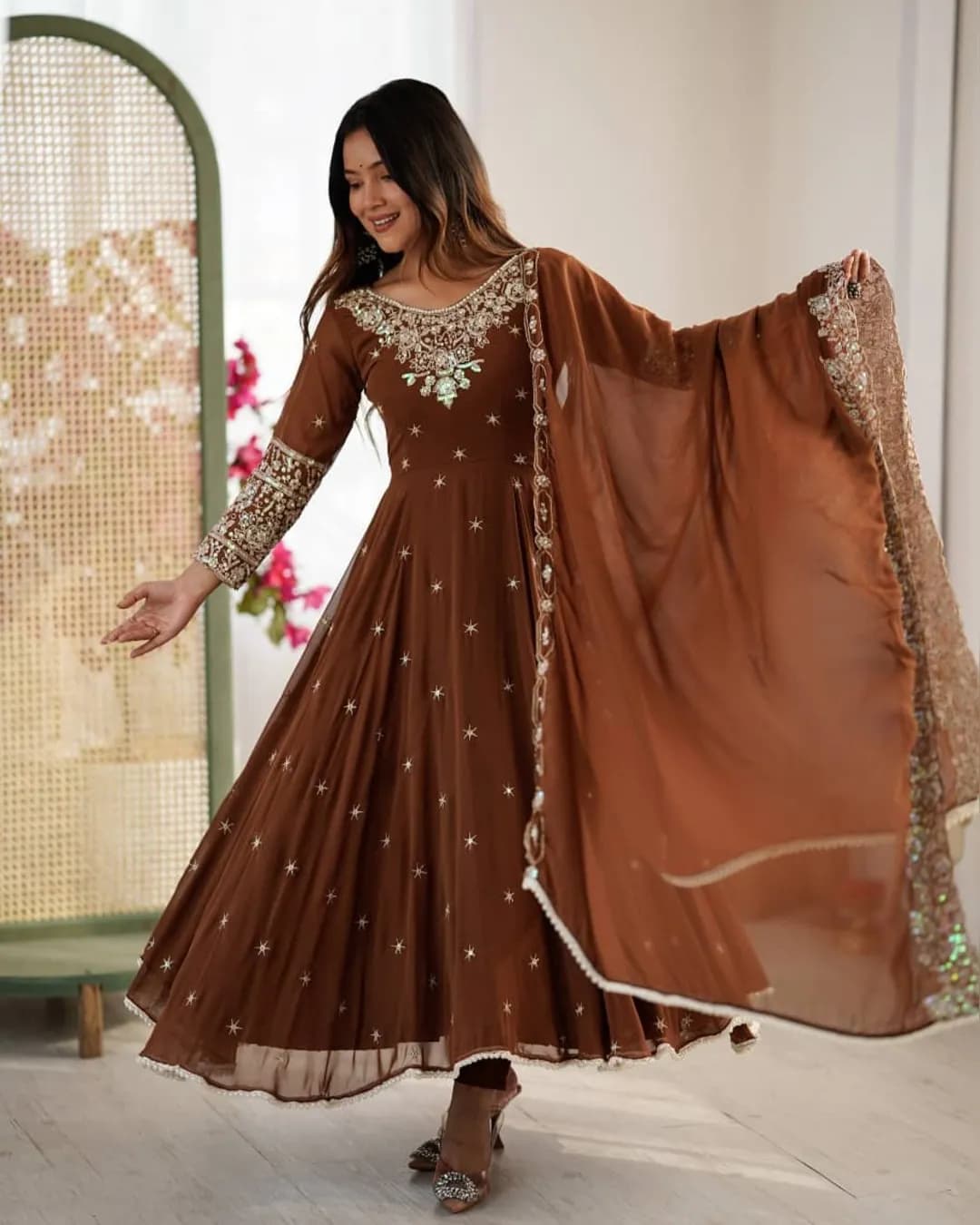 Elegant Embroidered Rainbow Sequins Anarkali Set with 6 Meter Flair & Dupatta