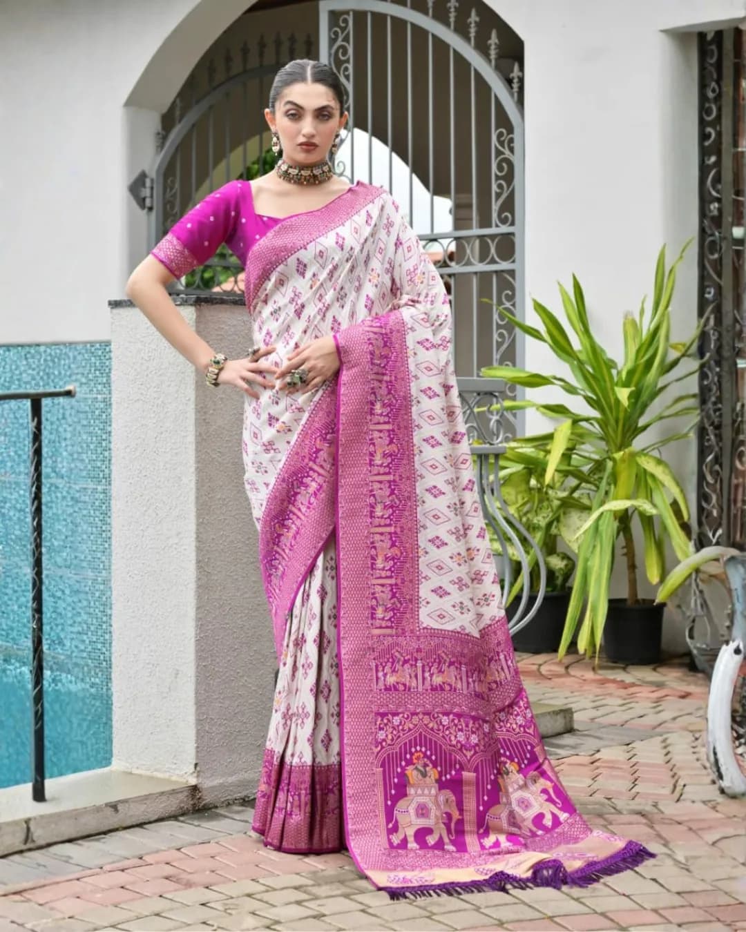 Premium Banarasi Silk Patola & Ajrakh Weaving Saree with Zari & Meena Work