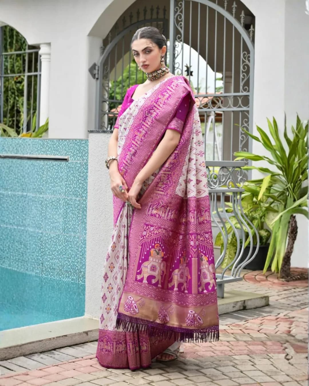 Premium Banarasi Silk Patola & Ajrakh Weaving Saree with Zari & Meena Work alternate view