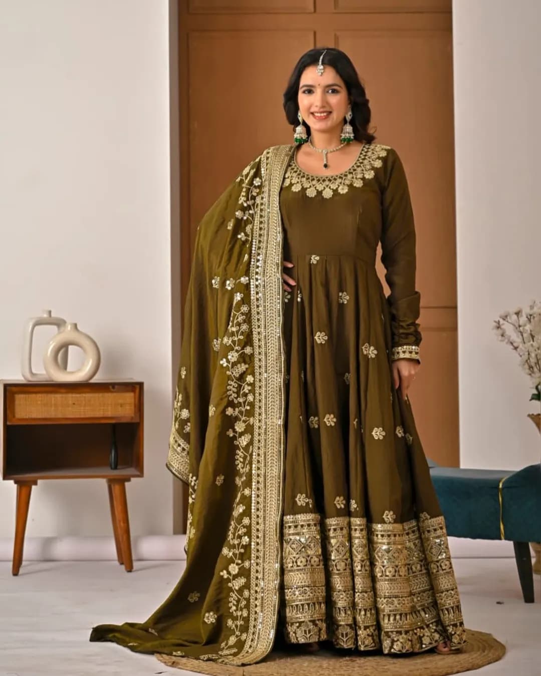 Designer Vichitra Silk Anarkali Suit Set with 5mm Sequins Embroidery & 4 Meter Flair