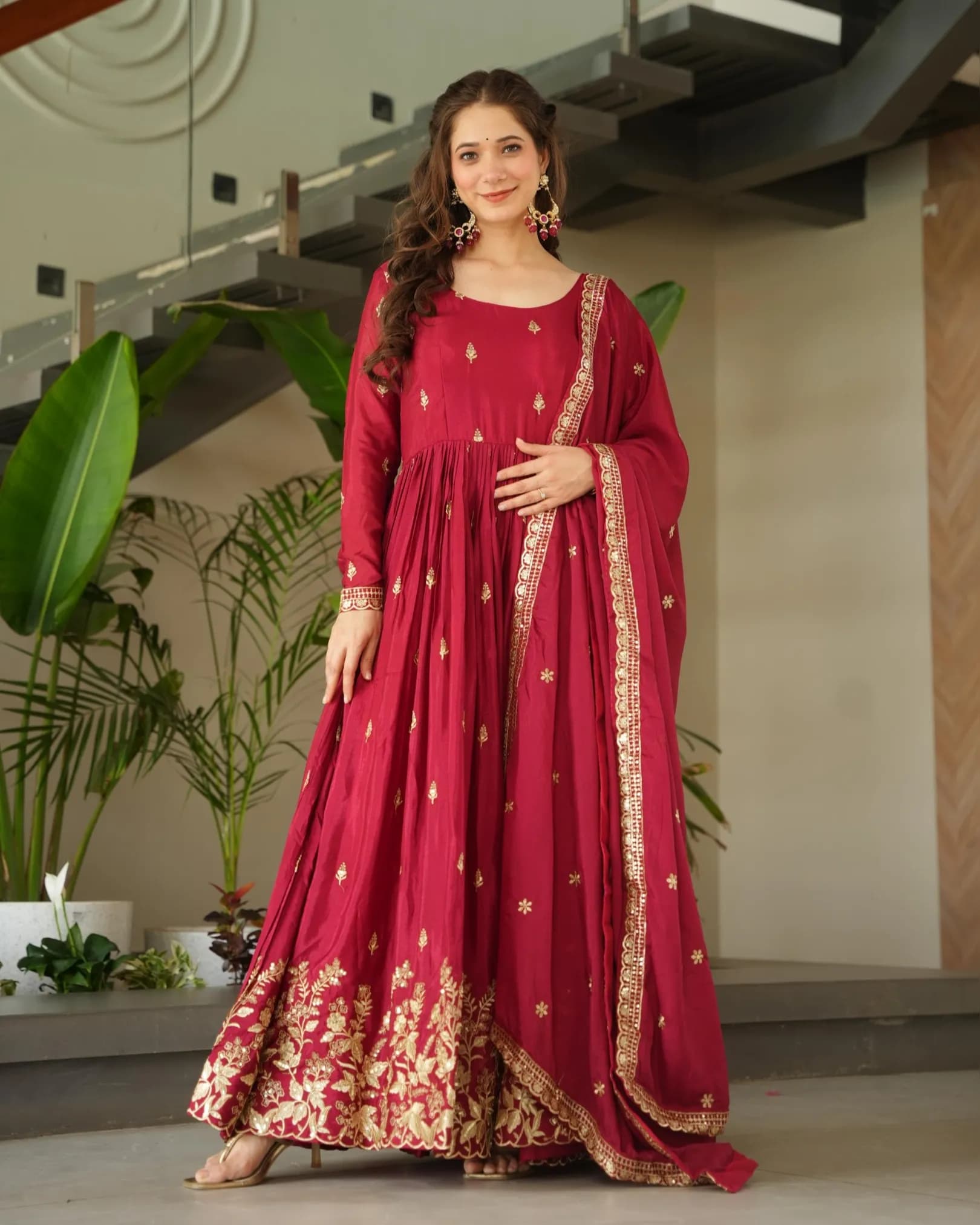 Premium Chinnon Embroidered Gown with Sequins Work & Dupatta alternate view