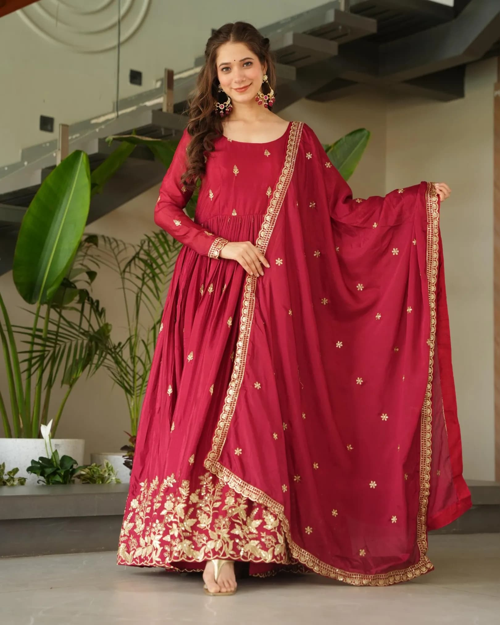 Premium Chinnon Embroidered Gown with Sequins Work & Dupatta