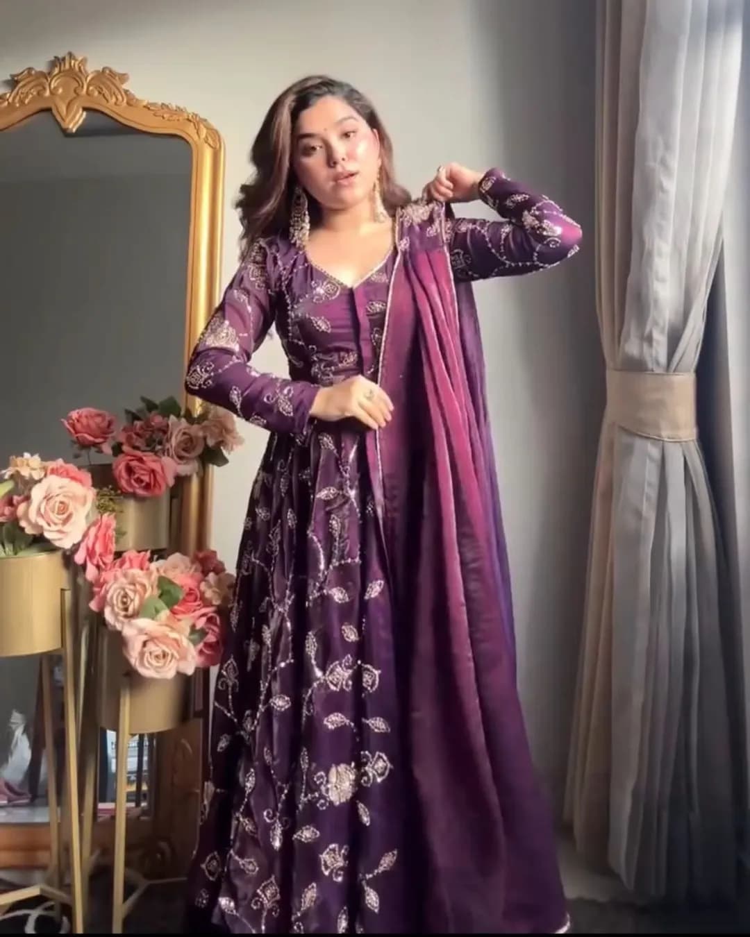 Fandy Silk Anarkali Sharara Set with Embroidered Dupatta
