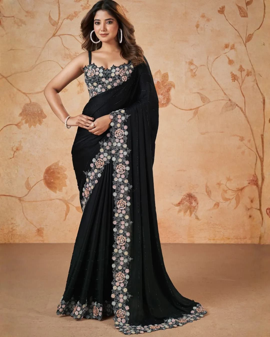 MOHMANTHAN 23900 DAKSHIKA : Designer Crepe Satin Silk Saree with Embroidery & Poncho alternate view