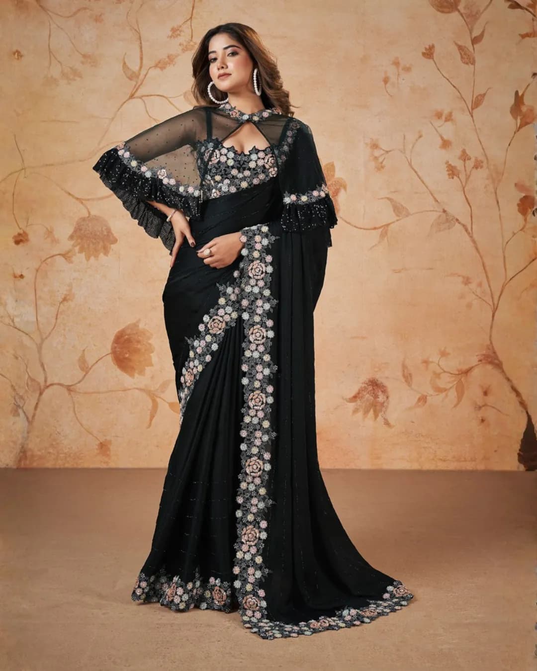 MOHMANTHAN 23900 DAKSHIKA : Designer Crepe Satin Silk Saree with Embroidery & Poncho