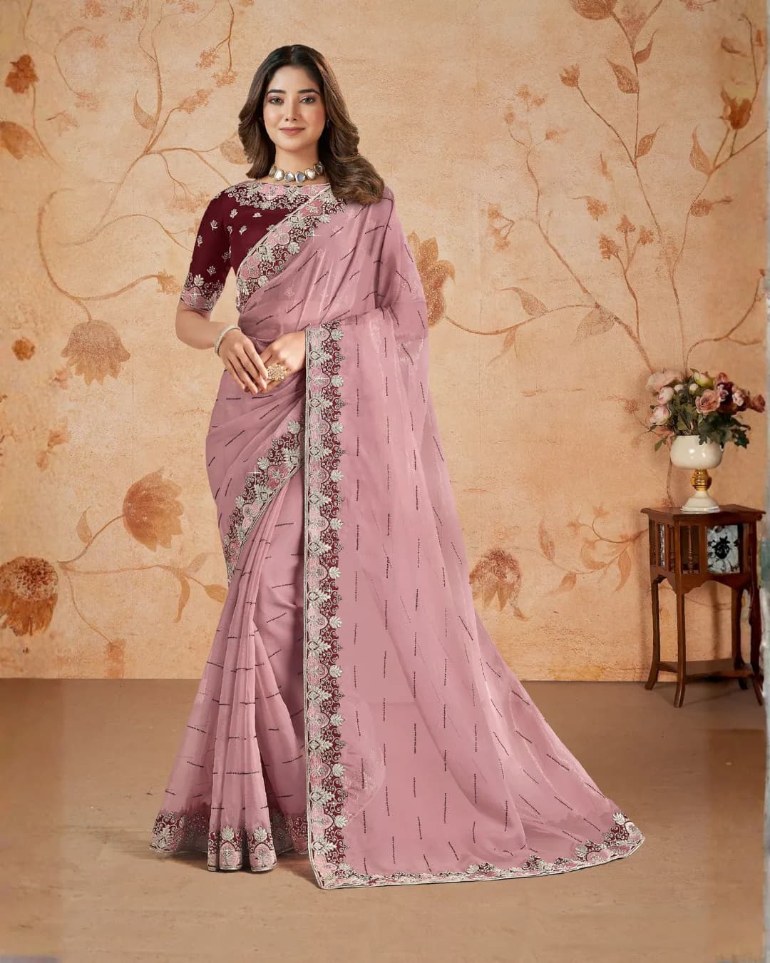 MOHMANTHAN 23900 DAKSHIKA : Organza Designer Saree with Stripe Print & Embroidered Border