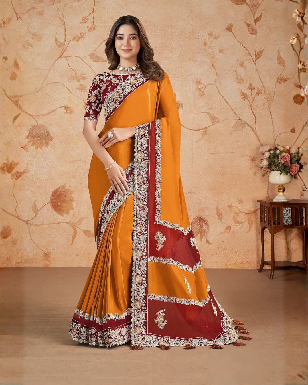 MOHMANTHAN 23900 DAKSHIKA : Silk Georgette Floral Embroidered Saree with Raw Silk Blouse