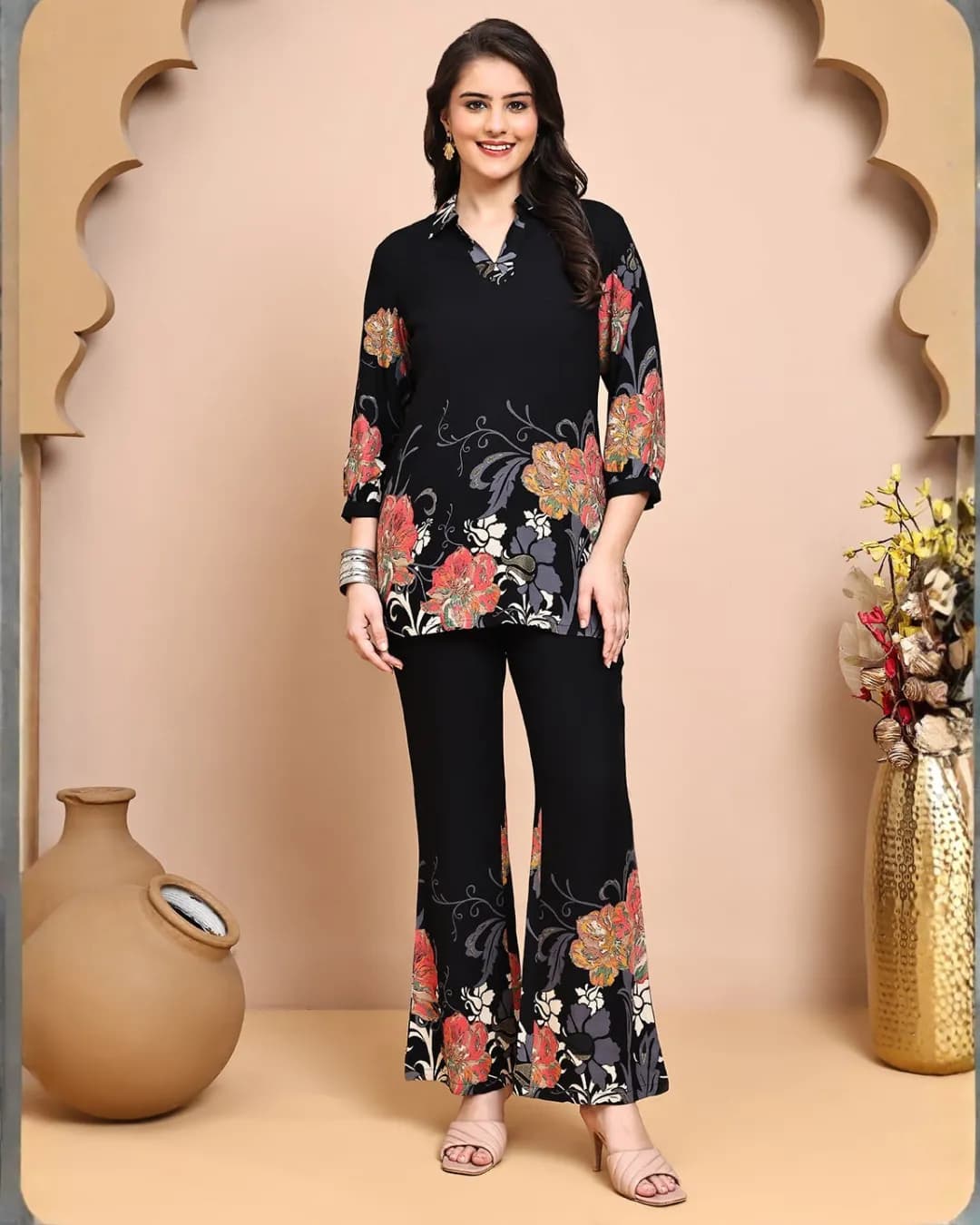 Black Floral Chanderi Co-Ord Set with Shirt Collar